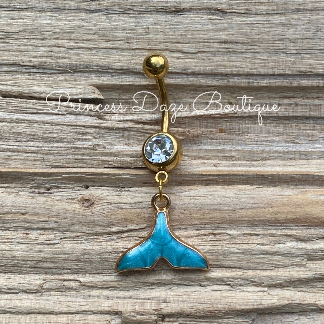 Gold Blue Mermaid Dangle Belly Button Ring Navel Jewelry Gold Blue Mermaid Dangle Belly Button Ring Navel Jewelry